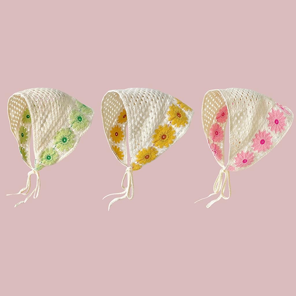 ljhnba Knitted Flower Triangle Scarf Lovely Crochet Hair Kerchief Tie Back Flower Pattern Elegant Turban for Girls Photo Props