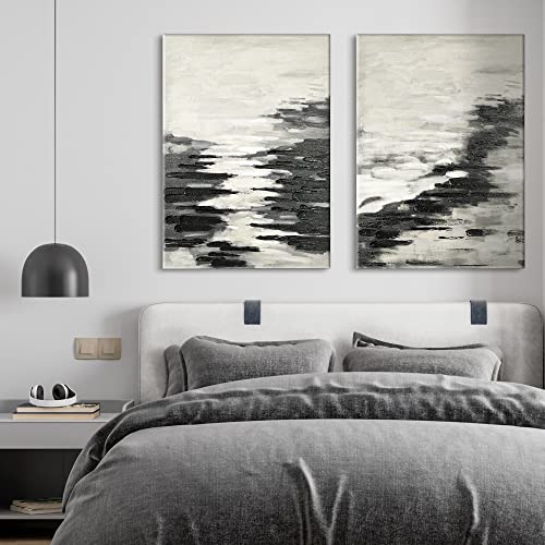 Artbyhannah 2 Pack 20X28 Inch Black And White Hand-Painted 3D Textured Ocean Vertical Abstract Oil Paintings Wall Art On Canvas For Bedroom Decorating #TOP21