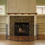 Goujxcy Metal Baby Gate with Walk-Through Door, 120-Inch Wide Fireplace Safety Fence Wood Stove Fence Christmas Tree Fence, Add/Decrease Panels Directly, Wall-Mount Metal Gate for Toddler (5-Panel)