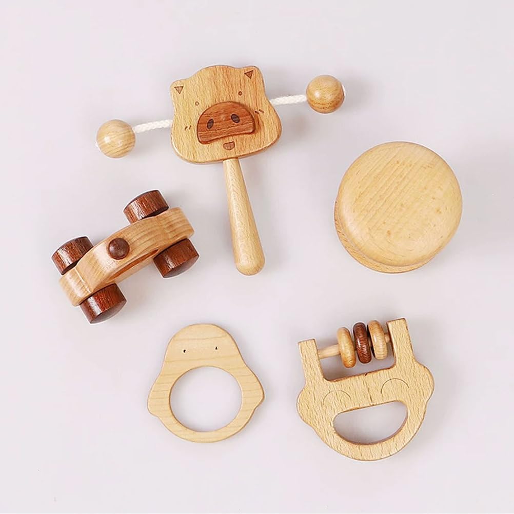Montessori Holz-Babys-Spielzeugset, Greifspielzeug aus natürlichem Buchenholz, Beiß- und Sinnes-Spielzeug, frühpädagogisches Spielzeug (5 Stück)