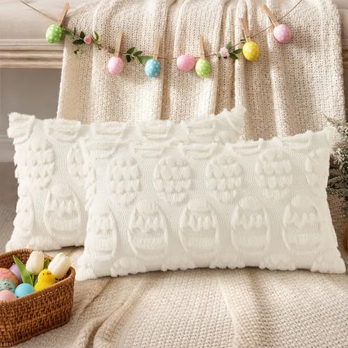 Image of decorUhome Easter Cream White Egg Pillow Covers 12x20 Inch Set of 2, Soft Plush Faux Wool Jacquard Cushion Covers, Farmhouse Neutral Fuzzy Spring Easter Holiday Decor for Couch Sofa Bed