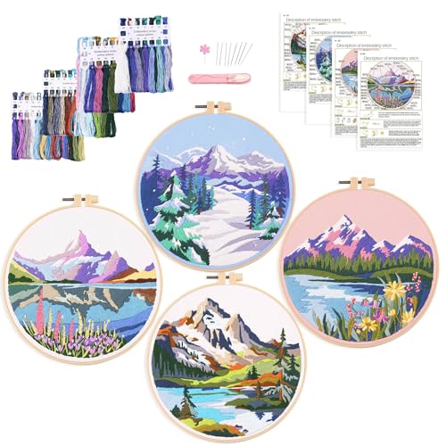 Image of Harimau Adult Beginner Embroidery Starter Kit, Complete Set with 4 Patterns, 2 Hoops, Needles, Scissors, Instruction Guide & Stitching Video Tutorials