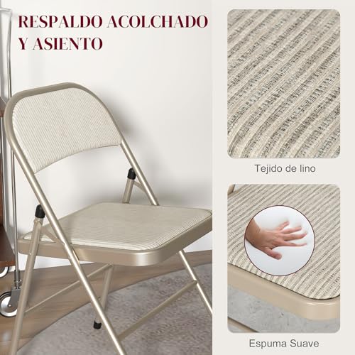 Miniatura 4 de Homcom Juego De 4 Sillas Plegables Acolchadas Con Respaldo Y Estructura De Acero, Para Salón, Comedor, Cocina, 45x46x78 Cm, Beige