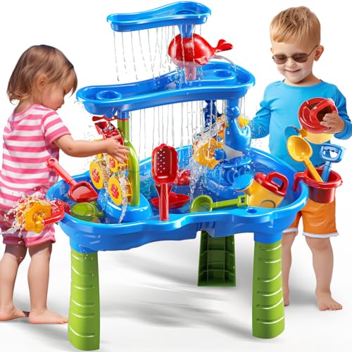 JUKUDAHU 3-Tier Sand and Water Table Toys for Kids Aged 3 4 5 6 7 8, Outdoor Activity Playset Sensory Play Table with Beach Toys Accessories Water Waterfall, Birthday Gifts for Toddlers 3-4 3-5 4-6