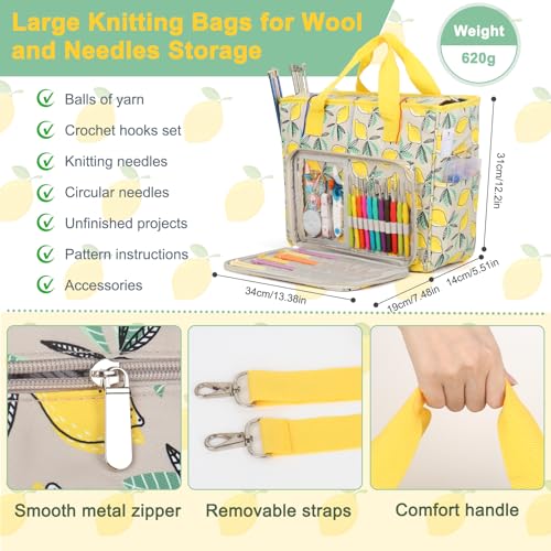 Sac de transport de fil jaune pour tricoter en voyage avec ses aiguilles et crochets