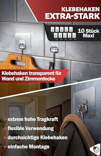 Menz Klebehaken extra-stark - 10er-Set selbstklebende Haken transparent mit je 15 kg Tragkraft, 180° drehbare Kleiderhaken selbstklebend, Wandhaken selbstklebend für Küche, Bad, Deko