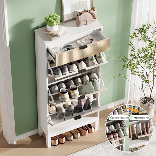 GarveeHome Shoe Storage Cabinet with 3 Flip Drawers, Farmhouse Fluted Shoe Organizer with Metal Legs, Freestanding Hidden Slim Narrow Shoe Rack for Entryway, Foyer, Hallway, White+Oak