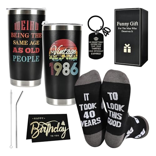 Merclix 40th Birthday Gifts for Men Birthday Present Funny Socks 9-11 Mugs Keychain Mens Gift Set for Him Husband Dad Brother Son Friend