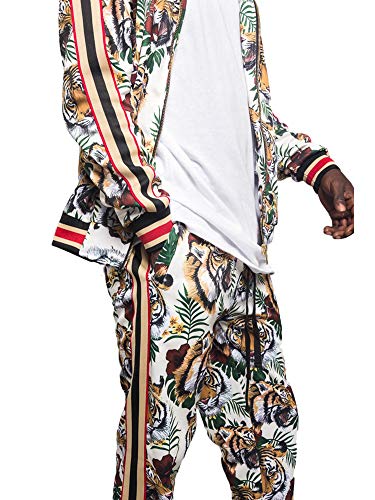 Men's Full Zip Jacket Sweatpants Casual G Striped Tiger Track Suit St569 - Off-White - Large #TOP6