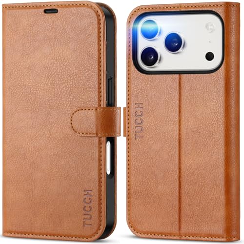 Coque iPhone 17 Pro TUCCH étui portefeuille en simili cuir brun clair avec blocage RFID