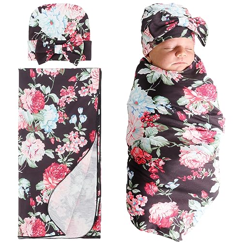 Image of DRESHOW BQUBO 1 Pack Newborn Floral Receiving Blankets Newborn Baby Swaddling with Headbands or Hats Sleepsack Toddler Warm Shower Gift