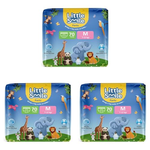 Image of Baby Diapers Pant Style | Medium (M) Size | Ideal for 7-12 Kgs Baby | 70 Count- Odorless and Antibacterial Layer with Urine Indicator (Pack of 3)