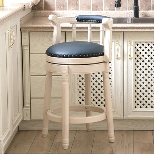 RAINMOOD Taburetes de bar, taburetes giratorios de madera auténtica con reposapiés para cocina, comedor, sala de estar (asiento blanco roble azul, mostrador, altura del asiento de 26 pulgadas)