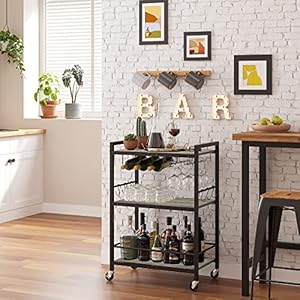 TUTOTAK Bar Cart – Serving Cart for Home – Microwave Cart, Drink Cart, Mobile Kitchen Shelf with Wine Rack and Glass Holder, Rolling Beverage Cart BC01BG030