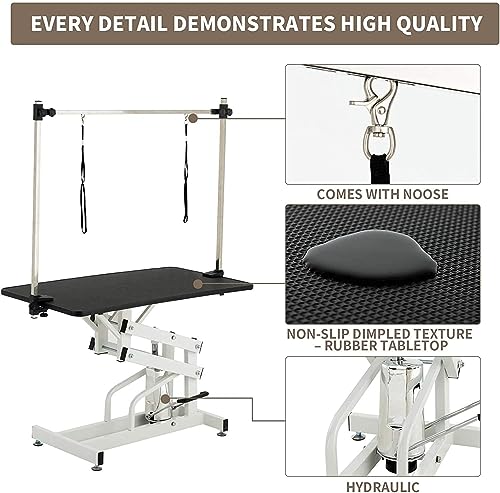 Hydraulic Dog Grooming Table for Small/Large Dogs, Heavy Duty Professional Pet Grooming Table with Adjustable Overhead Arm and Noose, Range 21-36 Inch, 43''/Black