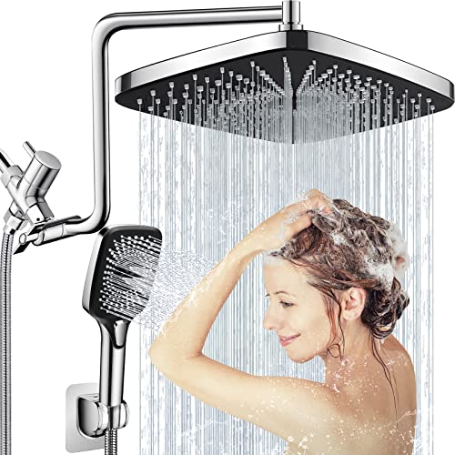 Shower Head with Handheld Combo, 12'' Rectangle Rain Shower Head with Upgraded 12'' Z-Shaped Shower Extension Arm, High Pressure 4 Setting Handheld Shower Head with 60'' Hose, Height/Angle Adjustable Shower Head with Handheld Combo, 12'' Rectangle Rain Shower Head with Upgraded 12'' Z-Shaped Shower Extension Arm, High Pressure 4 Setting Handheld Shower Head with 60'' Hose, Height/Angle Adjustable