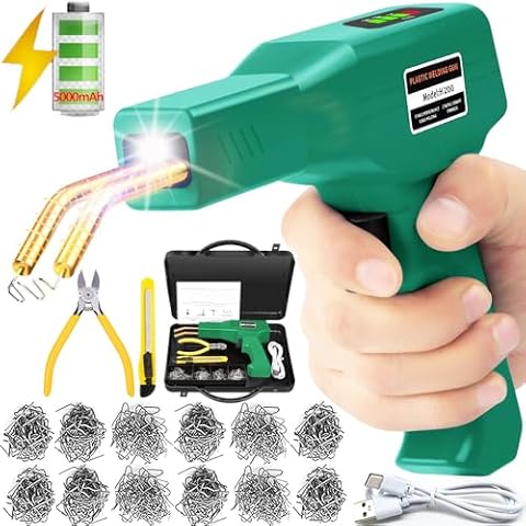 200W Cordless Plastic Welder, Plastic Repair Kit with 5000mAh Rechargeable Battery, Plastic Weld Kit with 1050Pcs 6 Tpyes Hot Staples, Plastic Stapler Welding Kit Auto Body Plastic Repair Kit(green) Cover