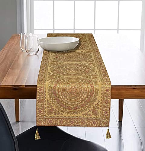 Image of Diwali Decor Brocade Jacquard Silk Table Runner Long Runner for Dinning & Centre Table Mandala Print 72 x 16 Inches (Gold)