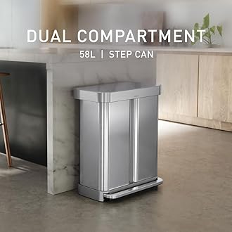 simplehuman 58 Liter / 15.3 Gallon Rectangular Hands-Free Dual Compartment Recycling Kitchen Step Trash Can with Soft-Close Lid, Brushed Stainless Steel