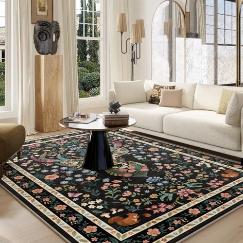 Image of Area Rug Vintage Floral Deer Pattern 6x9 - Bohemian Forest Animal Carpet with Squirrel & Butterfly, Soft Decorative Area Rug for Living Room Bedroom Home Decor