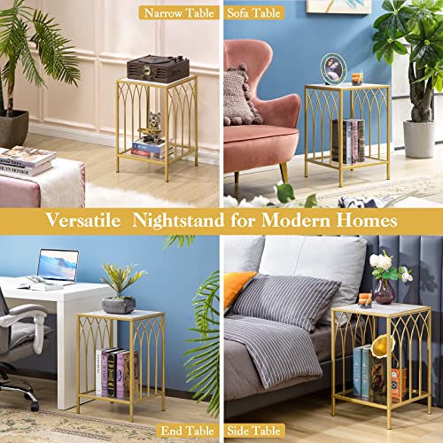 Sicotas Gold End Table Nightstand For Living Room - Modern Narrow Side Table With 2 Tiers Shelves - Marble Top Tempered Glass Bottom Gold Frame Bedside Tables, Coffee Table For Small Space, Bedroom #TOP5