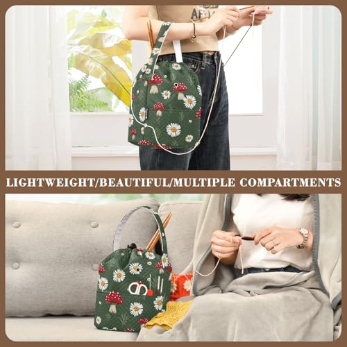 Image of Tatenale Crochet Bag Yarn Bag Knitting Project Bag with Pockets and Handle Portable Yarn Storage Organizer Tangle Free 8.3x11 InchBoho Mushroom Daisy Green08