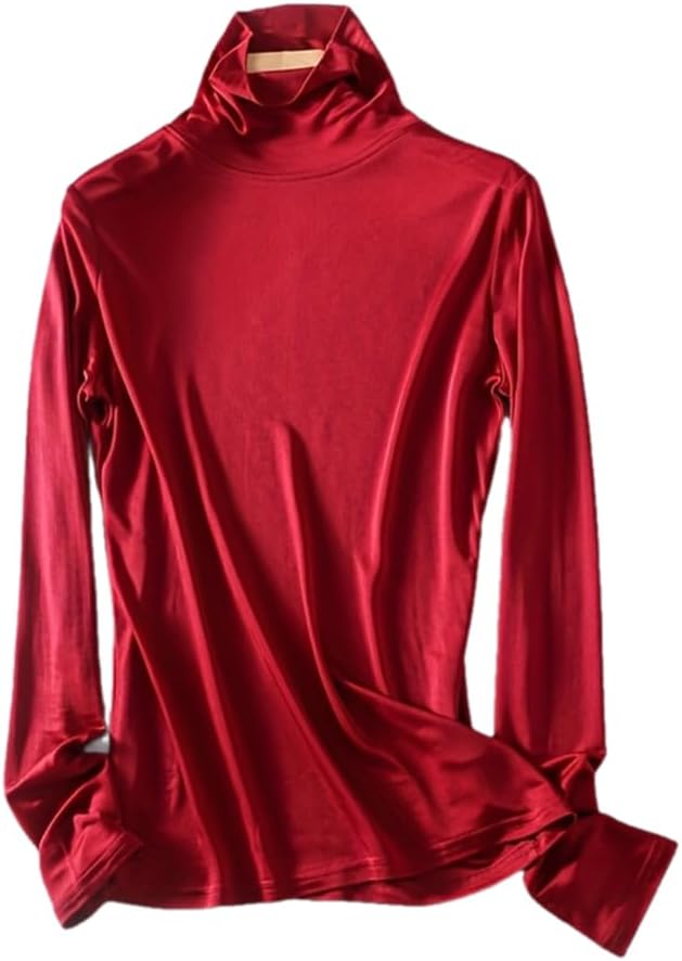 Womens Silk Tops Turtleneck Long Sleeve Shirt Pullover Tops Lightweight Base Layer Thermal Underwear