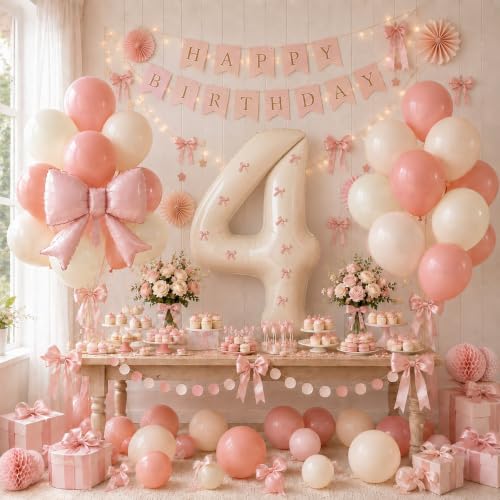 Image of 40 Inch Pink Beige Number 4 Balloon Tower with Bow 4th Birthday Decorations