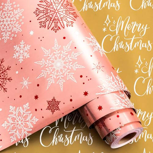 MAYPLUSS Pink Christmas Wrapping Paper Roll - 17IN X 33FT - Christmas Gift Wrapping Paper Featuring White Snowflake Reversible Gold for Kids, Holiday, New Year