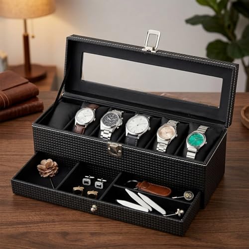 Image of Amazon Basics Sliding Drawer 6-Slot Watch and Jewelry Organizer - Faux Leather & MDF Storage Box for Men and Women, Black