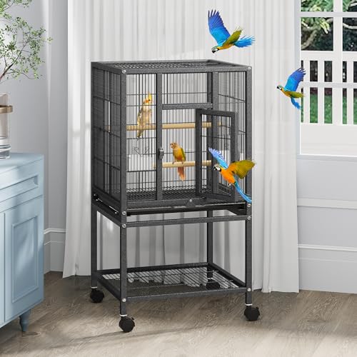 YITAHOME 41 inches Metal Bird Cage for Parakeets: Large Parrot Cages with Tray, Food Boxes, and Wooden Perches with Rolling Stand & Brakes for Lovebirds Cockatiels Pigeon Finches, Black