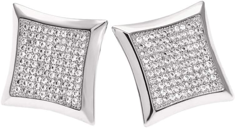 Men Earrings Solid Diamond Shaped Screw Back Stud Earrings Iced Out Hip Hop Jewelry with Sparkling Zircon (Silver)