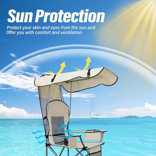 BDL Camping Chair with Canopy Shade Portable Folding Beach Chair with Cup Holder for Camp, Beach, Fishing - Support 330 LBS，White - Thumbnail 4