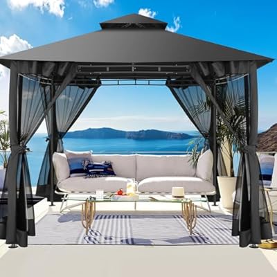 HOTEEL 10x10 Gazebo on Clearance, Outdoor Gazebo with Mosquito Netting and Double Roof, Metal Gazebo with Metal Frame, Easy Set Waterproof Patio Gazebo for Gardens & Backyard, Black