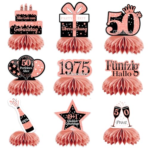 50. Geburtstag Tischdeko Rosegold,9 Stück Bienenwaben Deko Tischaufsätze Set,50 Geburtstag Deko für Frauen,Tischdekoration für 50. jährige 50.