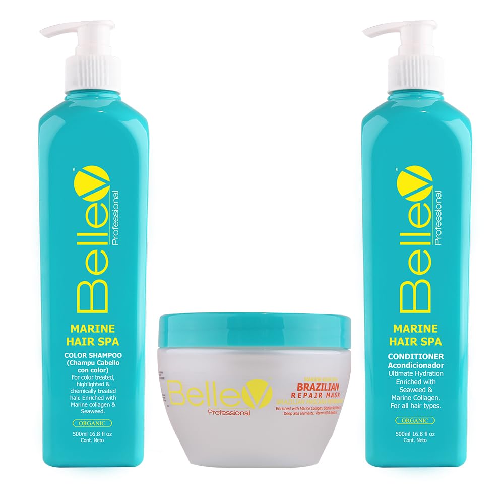 BelleV Professional Marine Hair Spa TRIO SET (16.8 fl oz) Marine Color Shampoo (16.8 fl oz) Marine Conditioner (300g) Brazilian Repair Mask
