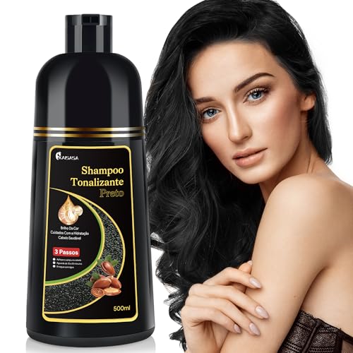 KAISASA Xampu Tintura Preto 3 em 1 – Shampoo Instantâneo 500ml, Com Ingredientes Herbais, Cobre Cabelos Brancos em Minutos, Para Homens e Mulheres