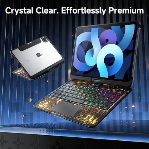 Image of Clear Keyboard Case for iPad Air 11 Inch (M4 /M3 /M2, 2026 /2025 /2024) / iPad Air 5th /4th Generation 10.9 inch / iPad Pro 11 inch 1st /2nd /3rd /4th, Trackpad, Pencil Holder, 7-Color Backlit, Rotatable,Black