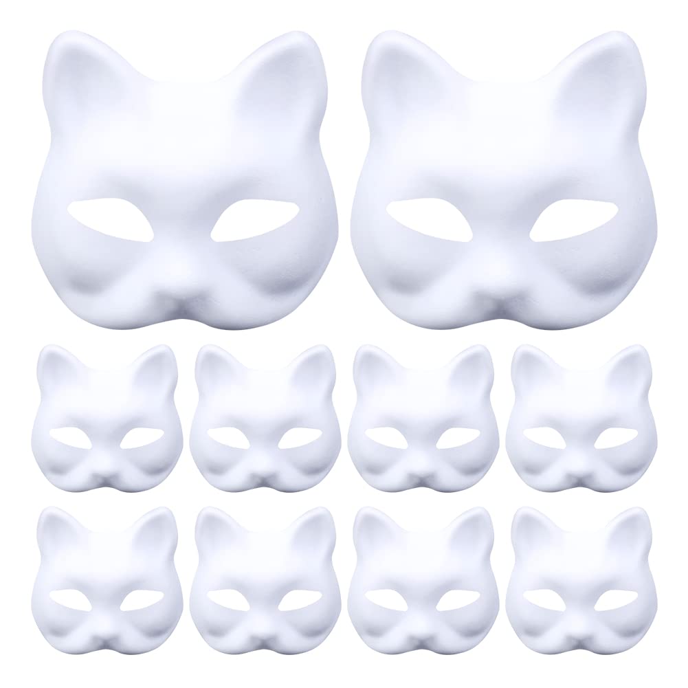 10 Pcs DIY Blank Fox and Cat Masks - White Paper Therian Mask With Straps for Anime Hand Painted Graffiti Personality Cosplay Halloween