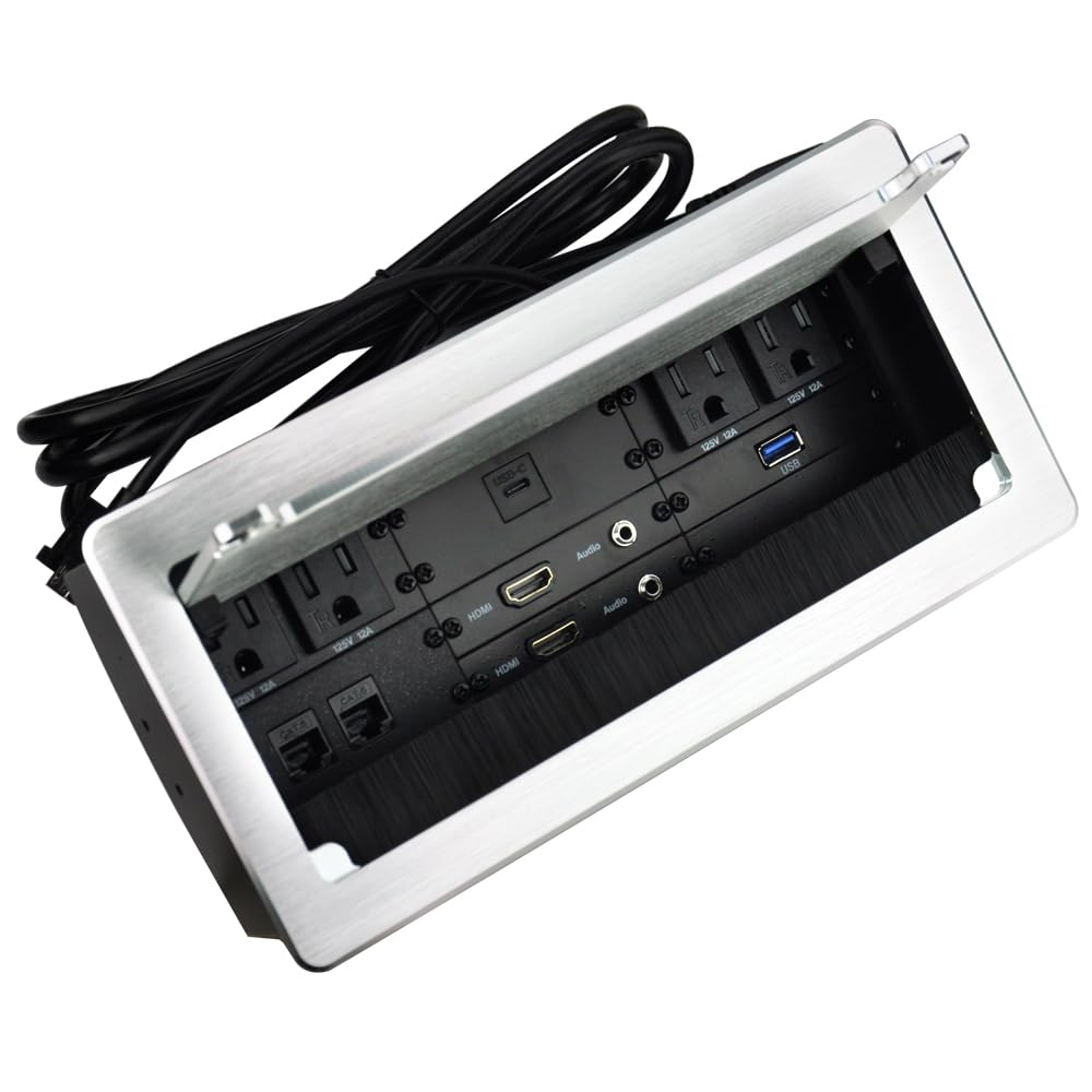 Tabletop Multimedia Connectivity Box with 4 AC Power+2 HDMI+2 RJ45+1 USB3.0 Port +1 USB-C +2 Audio with 5.58ft Power Cord for Conference Room(Silver)