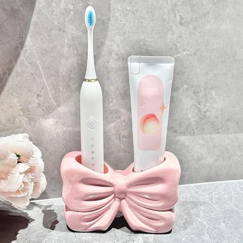 Portaspazzolino a forma di fiocco, portaspazzolino in ceramica, porta spazzolino da denti rosa, decorazione personalizzata con papillon, accessori per piano di lavoro del bagno, vanità, doccia (rosa)