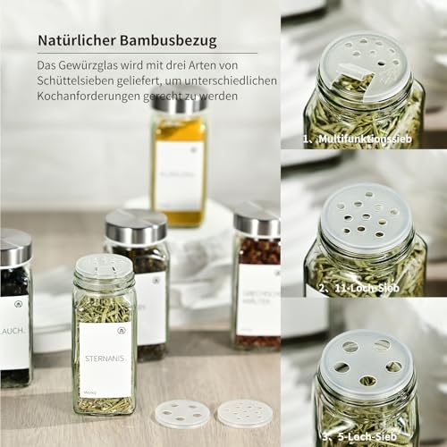 Miorkly Gewürzgläser Eckig mit Streueinsatz - 24 x 120ml - Edelstahl Deckel – Ansicht 5