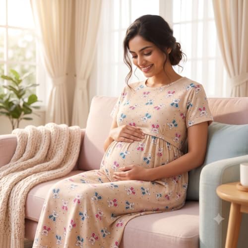 Image of Zero Clothing Feeding Dress for New Moms Casual Loungewear Ankle Length | Cotton Maternity Nighty | Zipless Feeding Dresses for Women | Pregnancy & Nursing Wear