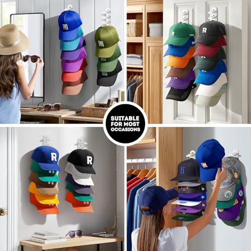 Hat Hook for Wall, 2 Pack Hat Organizer Hold up to 20 Hats,Hat Holder with Strong Adhesive and 8 Pack Screws, Cap Holder Hat Hangers for Wall Closet Door and Bedroom(B-white) - image 7
