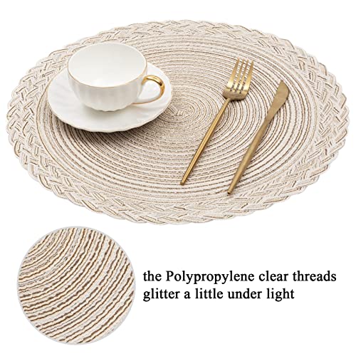 Shacos Round Placemats Set Of 6 Woven Round Table Mats 15 Inch Braided Border Washable Cotton Polyester Circle Place Mats, Ivory #TOP28