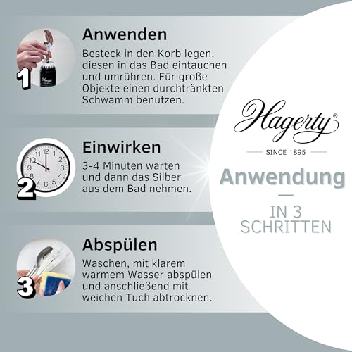 Hagerty Zestaw 2 srebrnych kąpieli do czyszczenia srebra z ochroną antyoksydacyjną 580 ml każdy | Skuteczny środek do czyszczenia naczyń ze srebra i metalu w kolorze srebrnym | Kąpiel czyszcząca