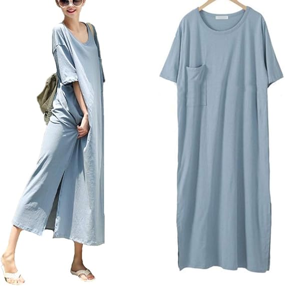 Amazon Co Jp レディース ワンピース カットソー フレンチスリーブ ロング ワンピース 半袖 ゆったり 無地 体型カバー 着痩せ シンプル 大人 通勤 カジュアル 夏 服 ファッション小物