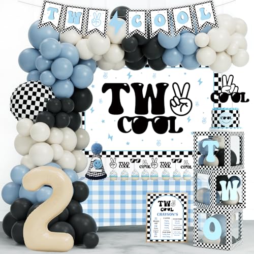 Hombae Two Cool Birthday Party Decorations Boy 122 PCs Two Cool Theme Party Supplies with Balloon Garland Banner Backdrop Cake & Cupcake Topper Boxes Poster for Boy Birthday