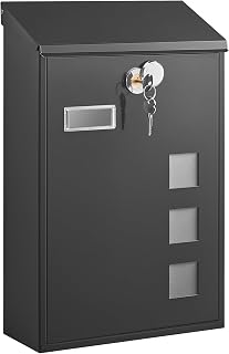 SONGMICS Modern Wall Mounted Post Box with Viewing Windows, Nameplate, Lock with Copper Core, Easy to Install, Black GMB031B02