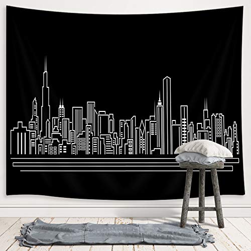 JAWO Chicago Skyline Tapestry, American City Silhouette Abstract Urban Line Upgrade Tapestries Wall Hanging for Bedroom College Dorm, TV Backdrop Table Cloth Profession Home Decor 71X60 Inches